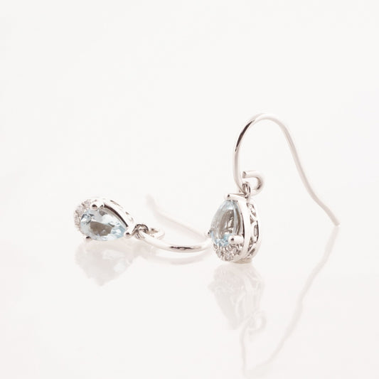 Pear Aquamarine & Diamond Accent Dangle Earrings in 10K White Gold front view