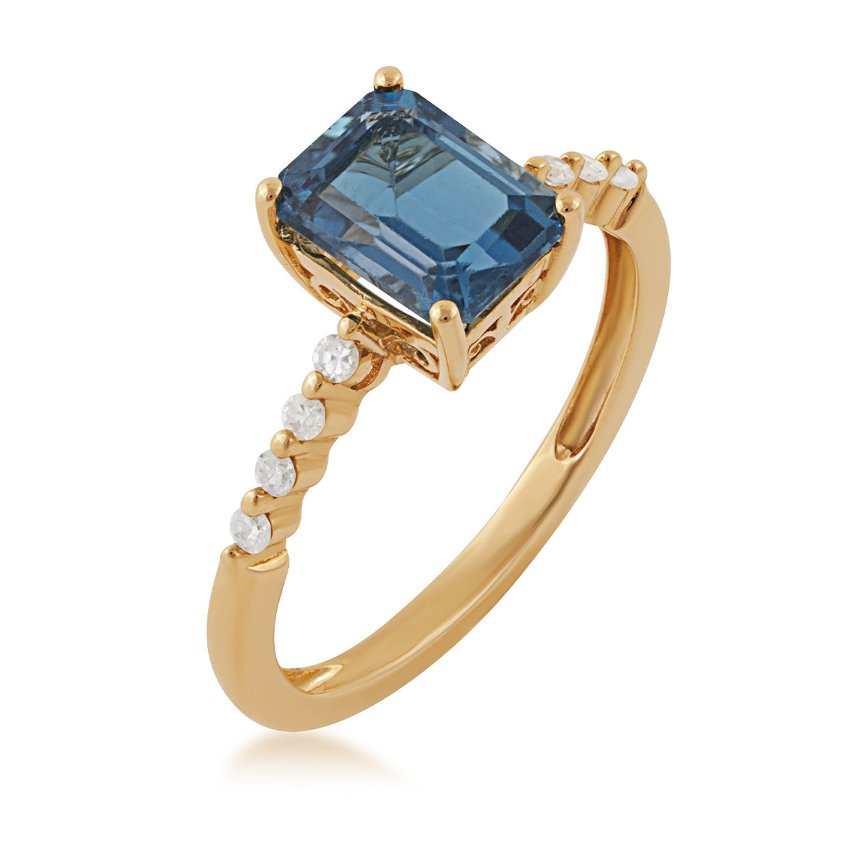 Emerald Cut London Blue Topaz & 1/8 ct. tw. Diamond Ring in 10K Yellow Gold front view