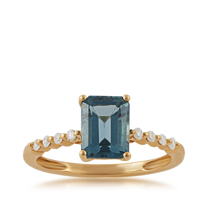 Emerald Cut London Blue Topaz & 1/8 ct. tw. Diamond Ring in 10K Yellow Gold