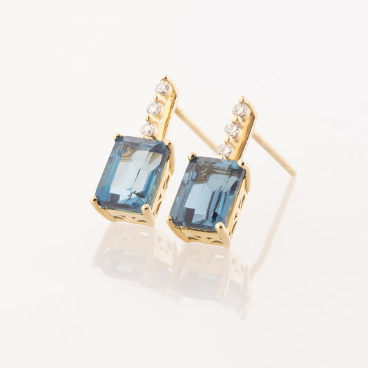Emerald Cut London Blue Topaz & Diamond Accent Drop Earrings in 10K Yellow Gold front view