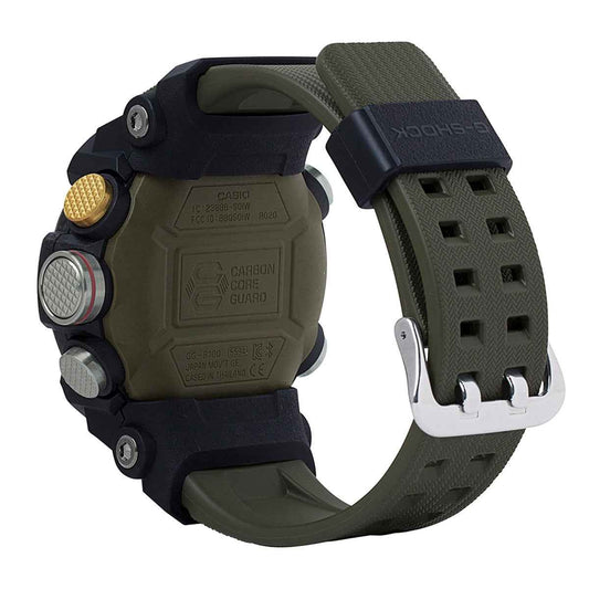G-Shock Men's Mudmaster Digital Black Stainless Steel Watch with Black Dial & Green Resin Strap front view
