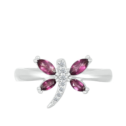 Marquise Rhodolite Garnet & Created White Sapphire Dragonfly Ring in Sterling Silver close-up detail