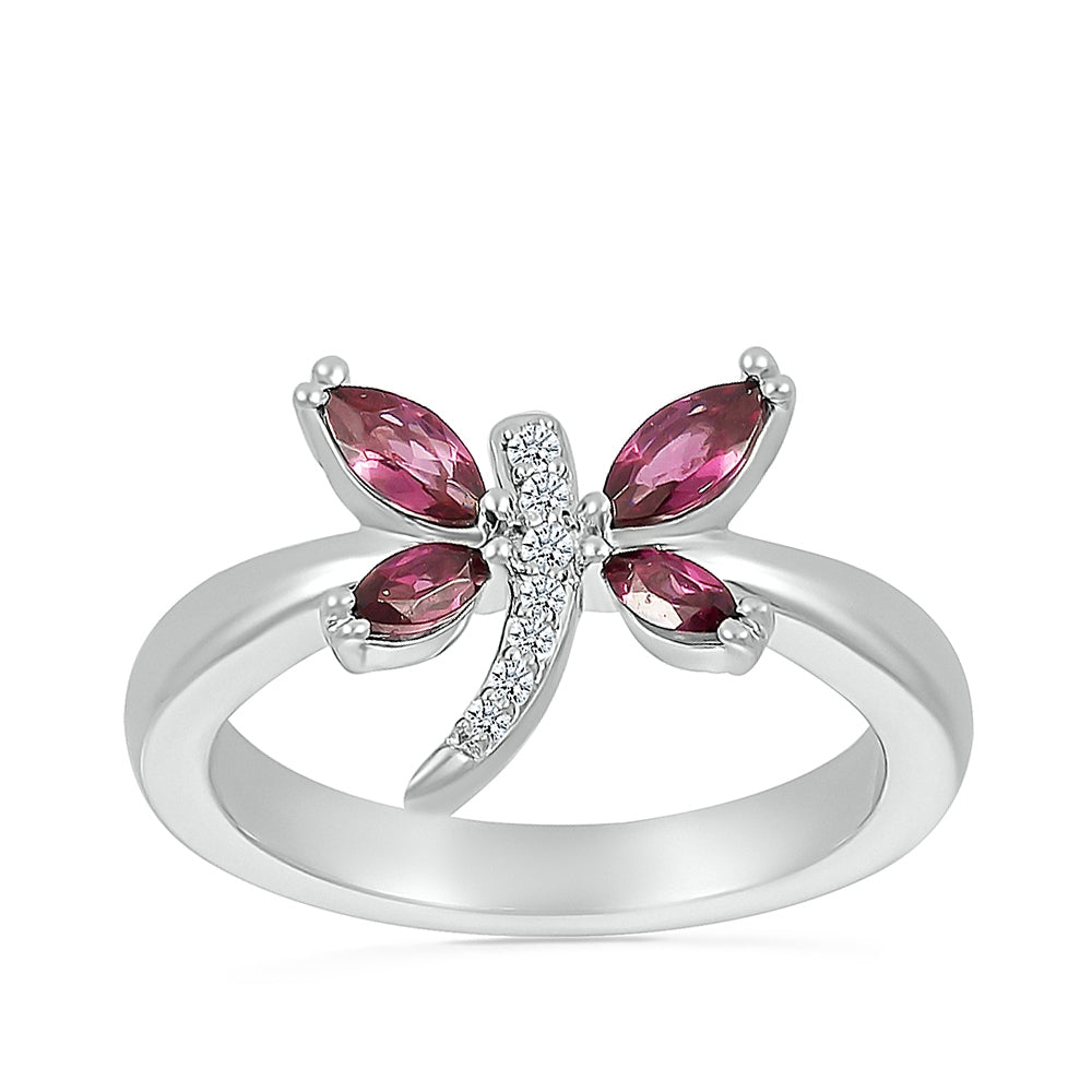 Marquise Rhodolite Garnet & Created White Sapphire Dragonfly Ring in Sterling Silver