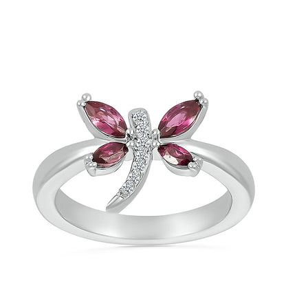 Marquise Rhodolite Garnet & Created White Sapphire Dragonfly Ring in Sterling Silver