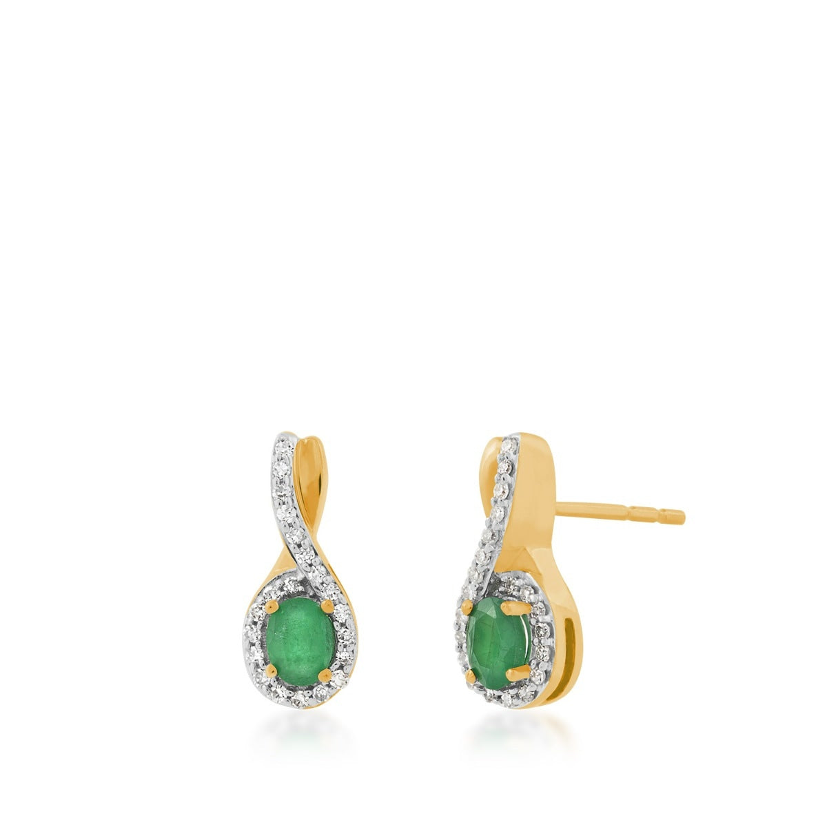 Infinite Love Oval Emerald & 1/8 ct. tw. Diamond Halo Twist Earrings in 10K Yellow Gold