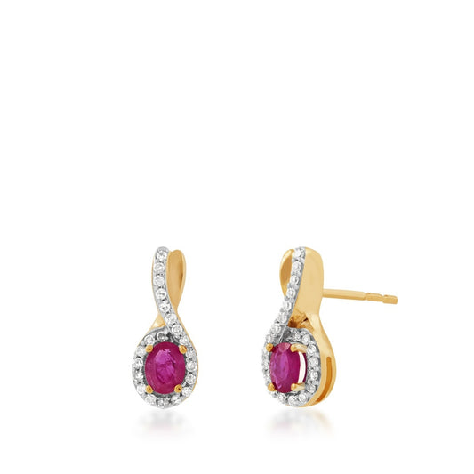 Infinite Love Oval Ruby & 1/8 ct. tw. Diamond Halo Twist Earrings in 10K Yellow Gold