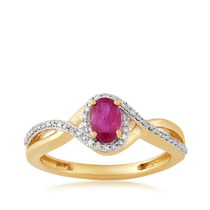 Infinite Love Oval Ruby & 1/10 ct. tw. Diamond Halo Crossover Ring in 10K Yellow Gold