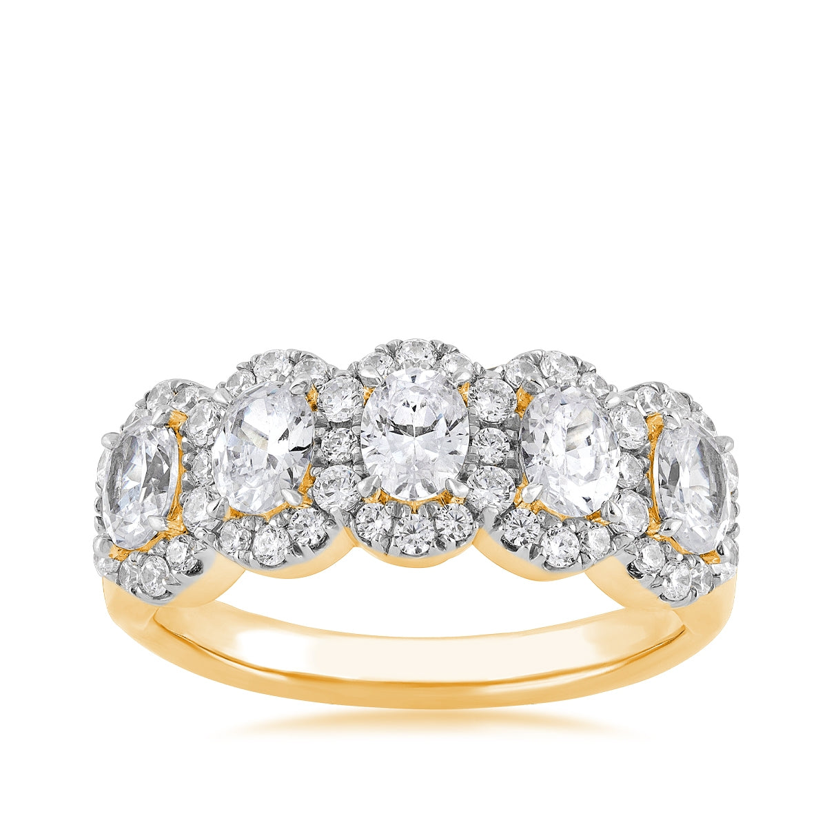 Adamante 1-1/2 ct. tw. Lab-Grown Oval 5-Stone Diamond Halo Anniversary Ring in 14K Yellow Gold with Rhodium Plated Prongs