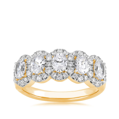 Adamante 1-1/2 ct. tw. Lab-Grown Oval 5-Stone Diamond Halo Anniversary Ring in 14K Yellow Gold with Rhodium Plated Prongs