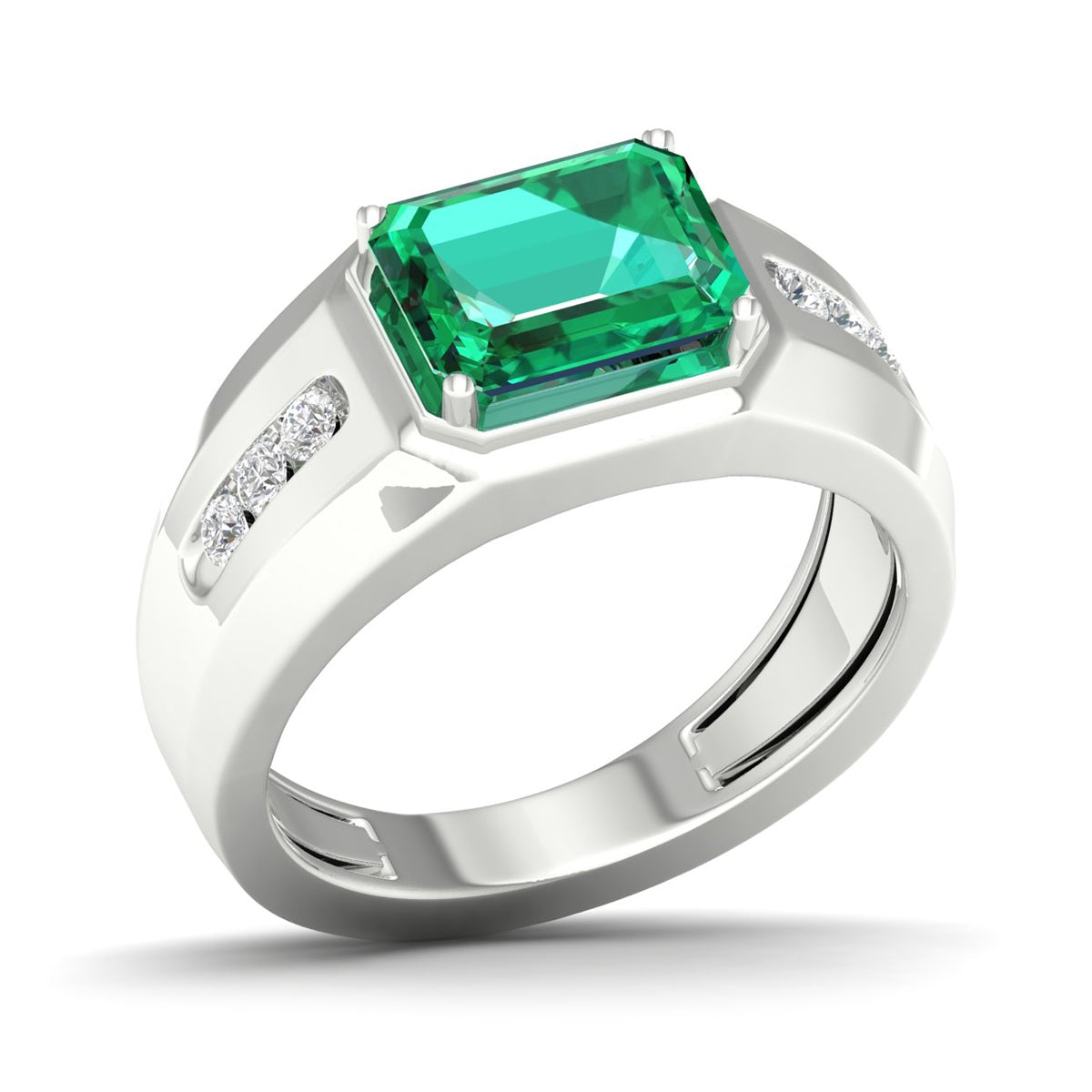 Men's Created Emerald Cut Emerald & White Sapphire Ring in Sterling Silver front view