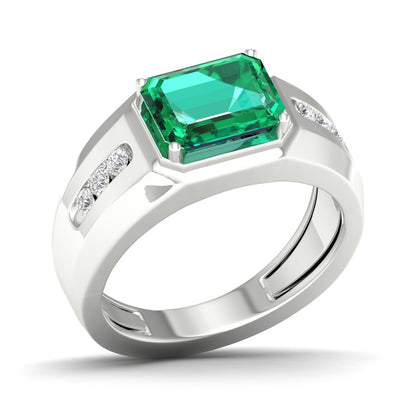Men's Created Emerald Cut Emerald & White Sapphire Ring in Sterling Silver front view