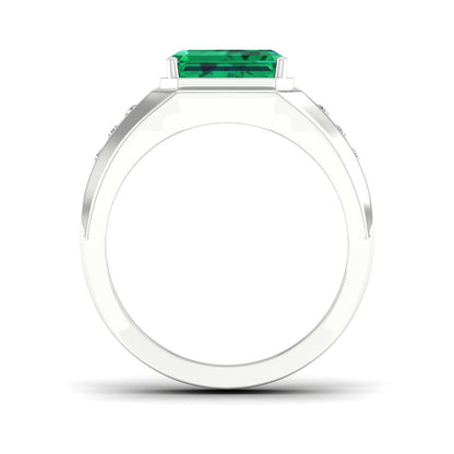 Men's Created Emerald Cut Emerald & White Sapphire Ring in Sterling Silver close-up detail