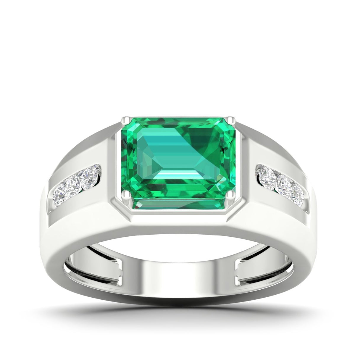 Men's Created Emerald Cut Emerald & White Sapphire Ring in Sterling Silver