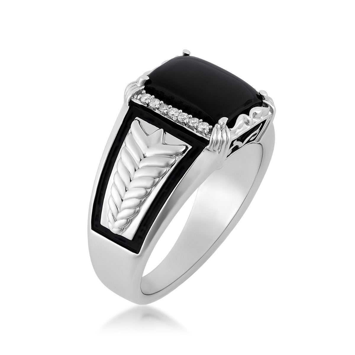 Men's Rectangle Onyx & 1/10 ct. tw. Diamond Braided Black Enamel Ring in Sterling Silver front view