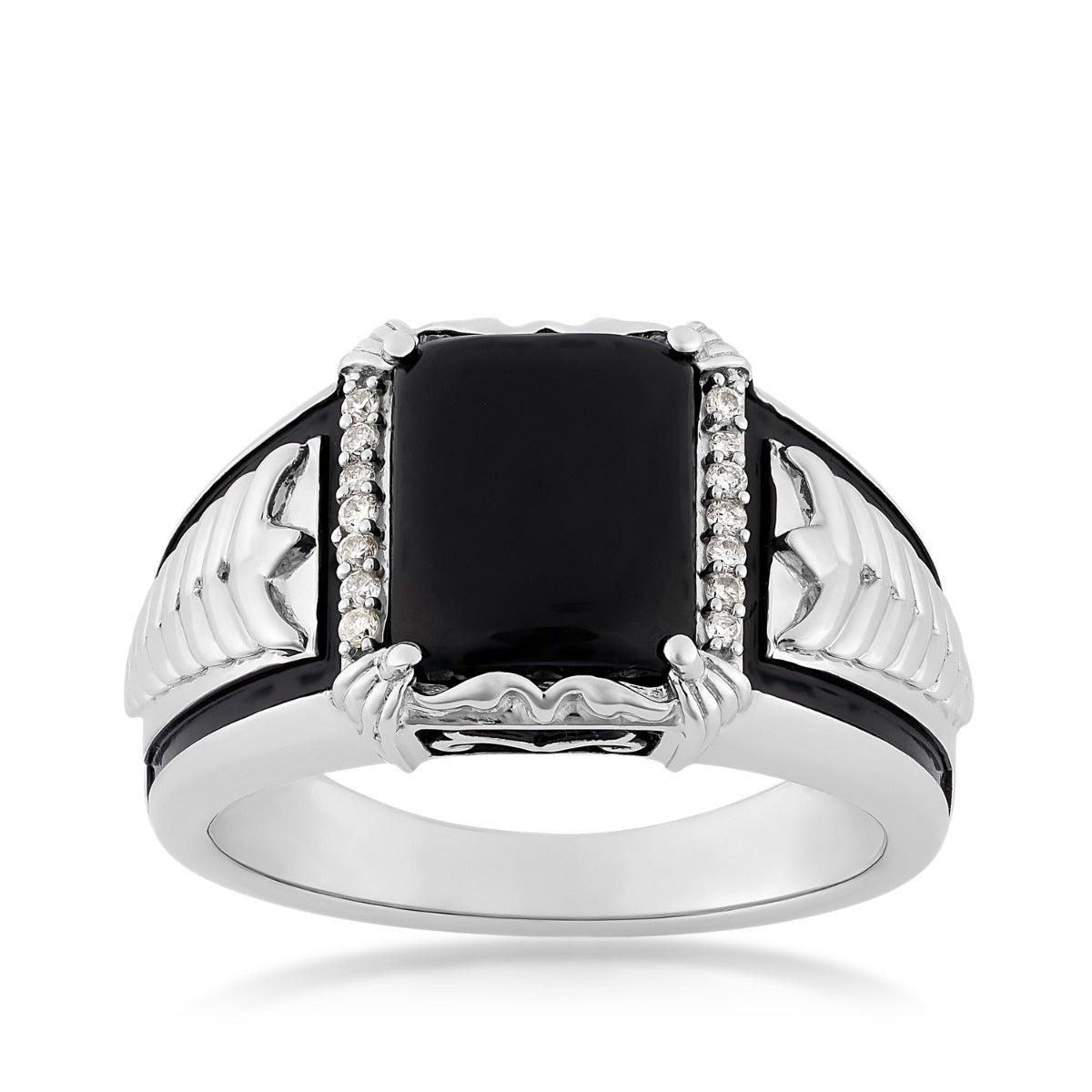 Men's Rectangle Onyx & 1/10 ct. tw. Diamond Braided Black Enamel Ring in Sterling Silver