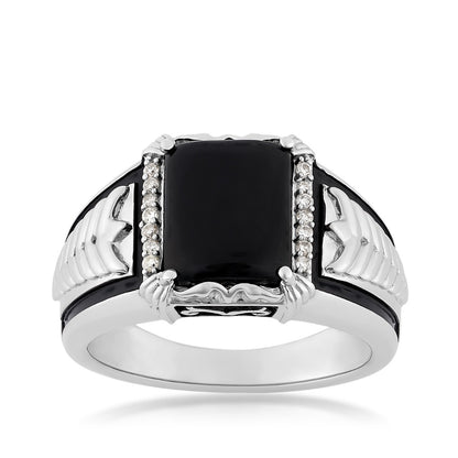 Men's Rectangle Onyx & 1/10 ct. tw. Diamond Braided Black Enamel Ring in Sterling Silver