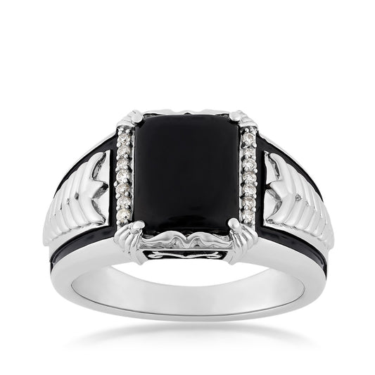 Men's Rectangle Onyx & 1/10 ct. tw. Diamond Braided Black Enamel Ring in Sterling Silver