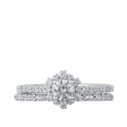 Natural 3/4 ct. tw. Round Brilliant Diamond Halo Wedding Set in 10K White Gold close-up detail