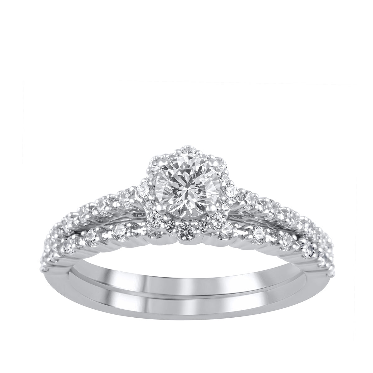Natural 3/4 ct. tw. Round Brilliant Diamond Halo Wedding Set in 10K White Gold
