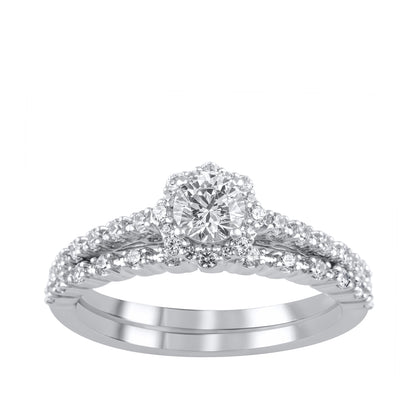Natural 3/4 ct. tw. Round Brilliant Diamond Halo Wedding Set in 10K White Gold