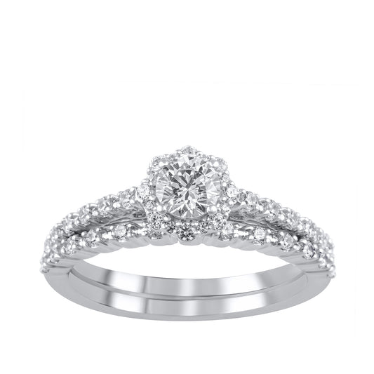 Natural 3/4 ct. tw. Round Brilliant Diamond Halo Wedding Set in 10K White Gold