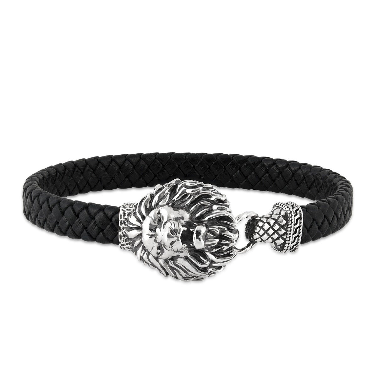 Men's Lion 8-inch Braided Leather Bracelet with Black Antiquing in Sterling Silver