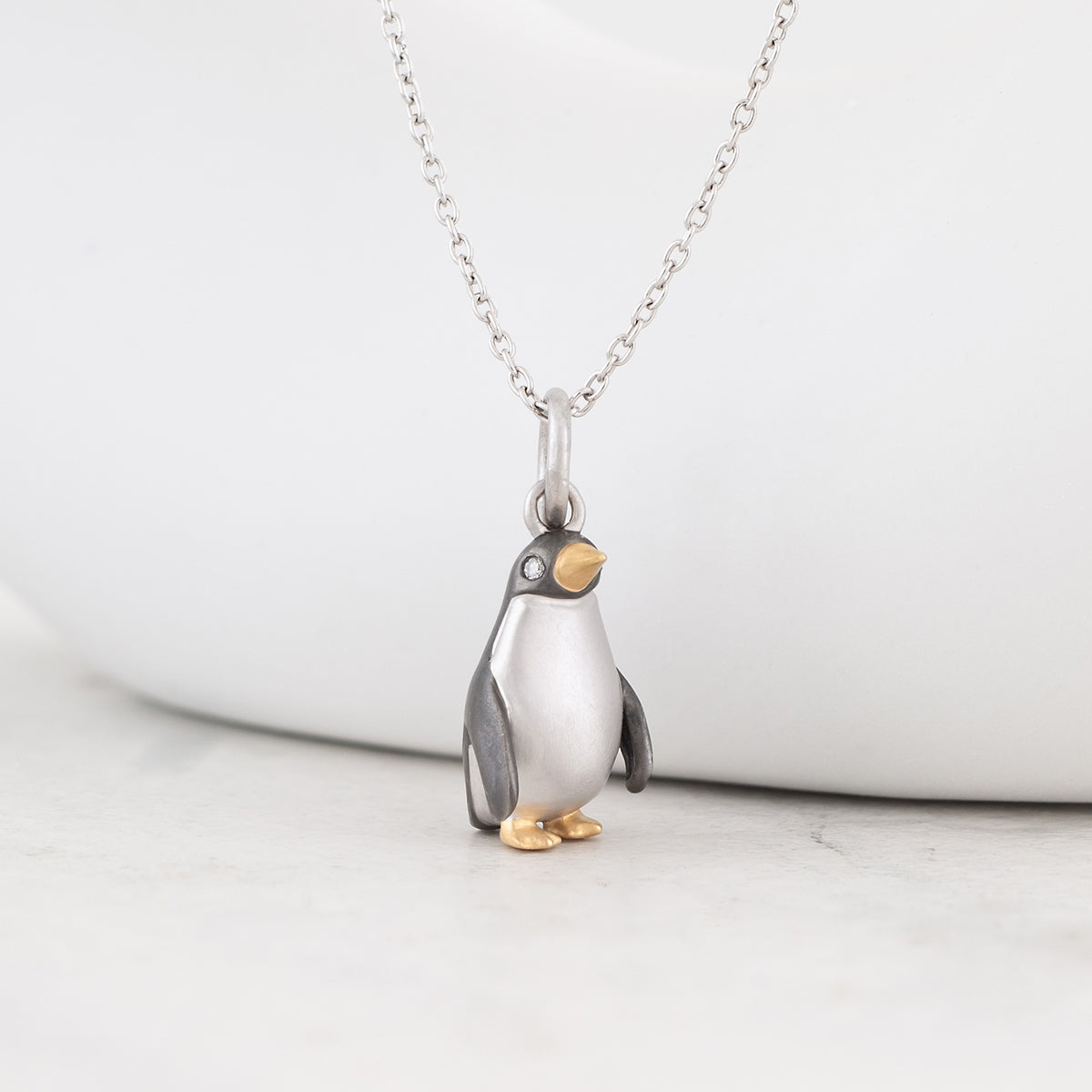 Diamond Accent Penguin Pendant with Black Rhodium in 14K Yellow Gold over Sterling Silver front view