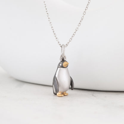 Diamond Accent Penguin Pendant with Black Rhodium in 14K Yellow Gold over Sterling Silver front view