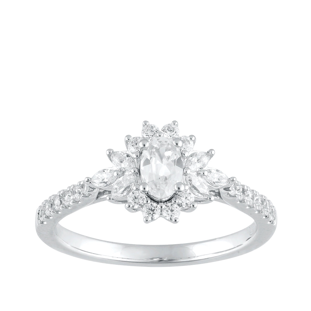 Natural 3/4 ct. tw. Oval Diamond Floral Halo Engagement Ring in 14K White Gold