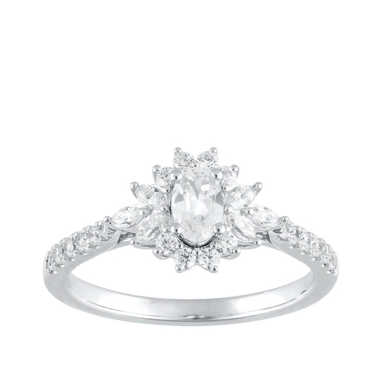 Natural 3/4 ct. tw. Oval Diamond Floral Halo Engagement Ring in 14K White Gold