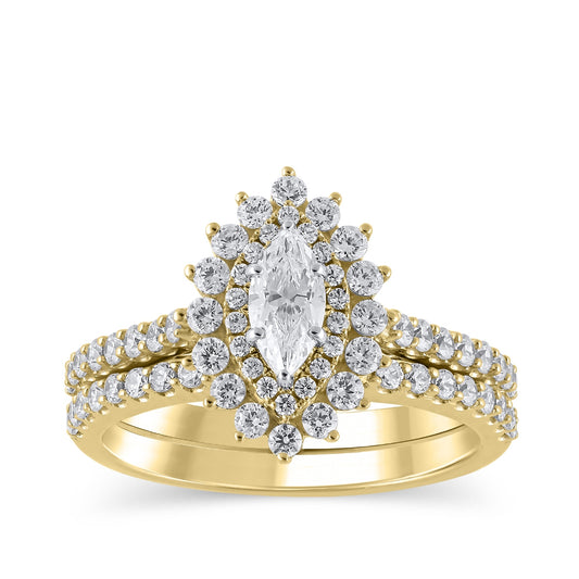 Natural 1-1/4 ct. tw. Marquise Diamond Double Halo Wedding Set in 14K Yellow Gold