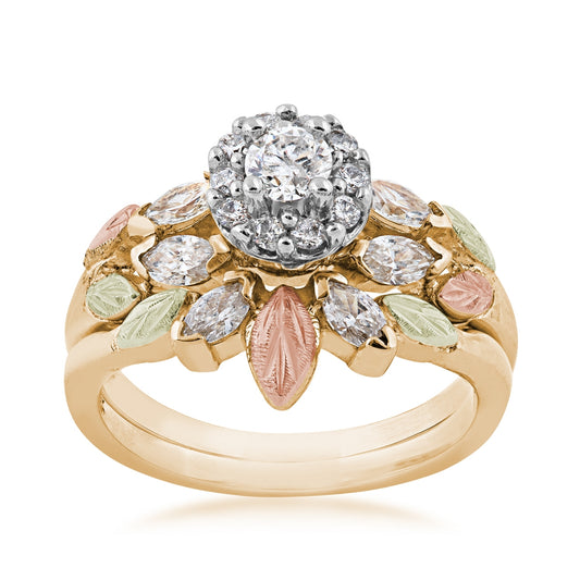 Black Hills Gold 1-1/5 ct. tw. Round & Marquise Diamond Halo Wedding Set in 10K Yellow Gold