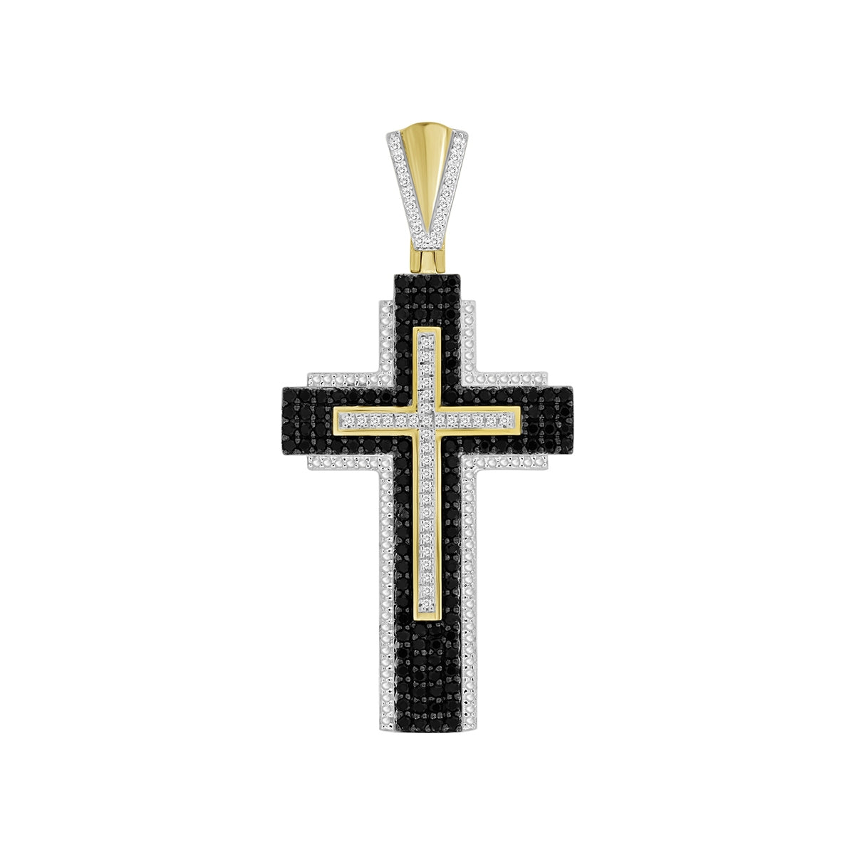 1 ct. tw. Men's White & Treated Black Diamond Cross Pendant with Rhodium Plated Edge in 10K Yellow Gold