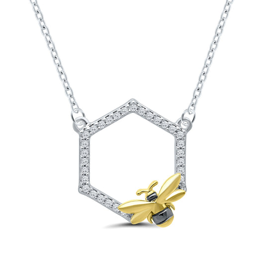 1/10 ct. tw. Diamond Honeycomb Bee Necklace with Black Rhodium in 14K Yellow Gold over Sterling Silver