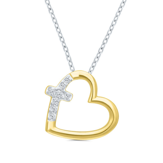 Diamond Accent Heart & Cross Pendant in 14K Yellow Gold over Sterling Silver