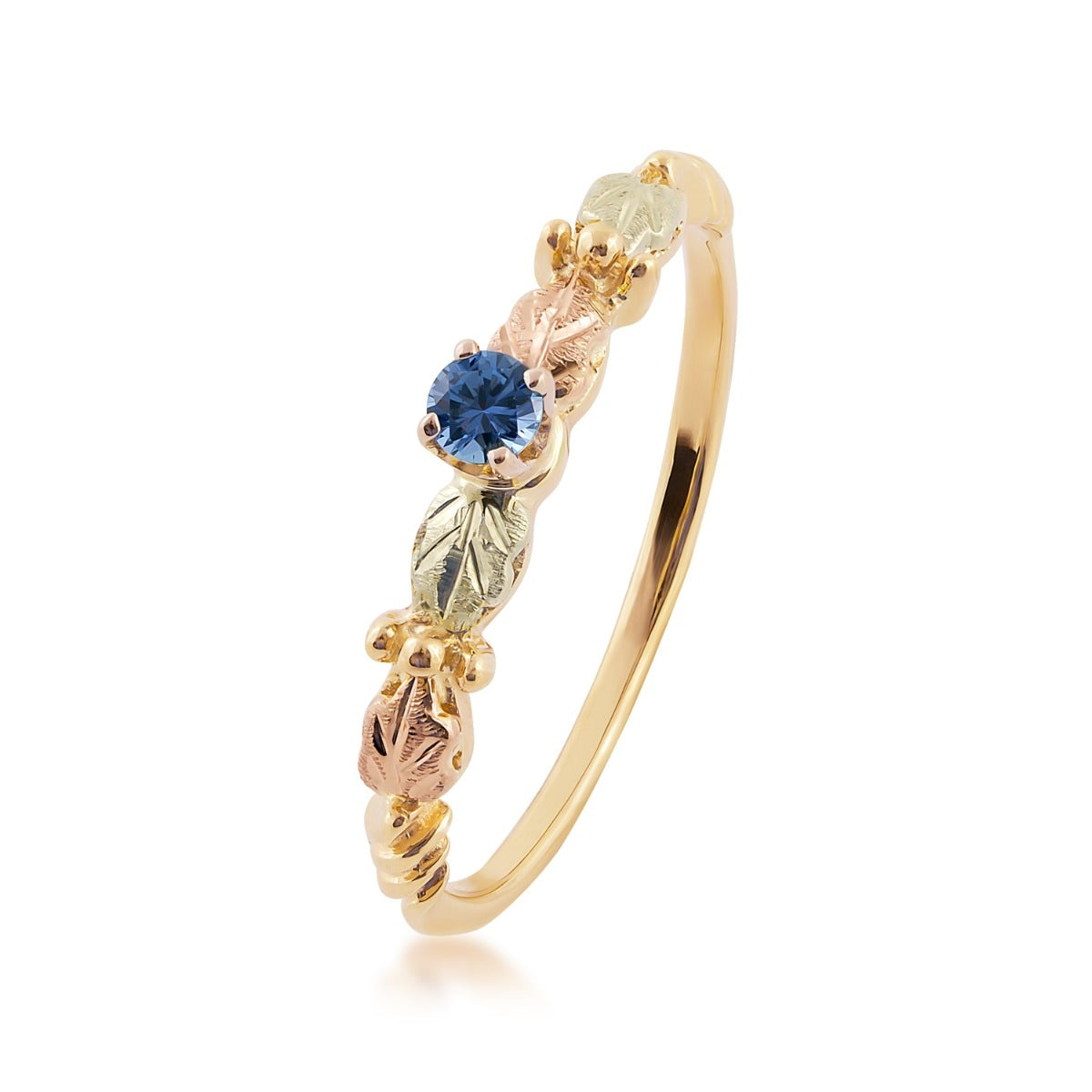 Black Hills Gold Round Yogo Sapphire & Leaf Ring in 10K Yellow Gold front view