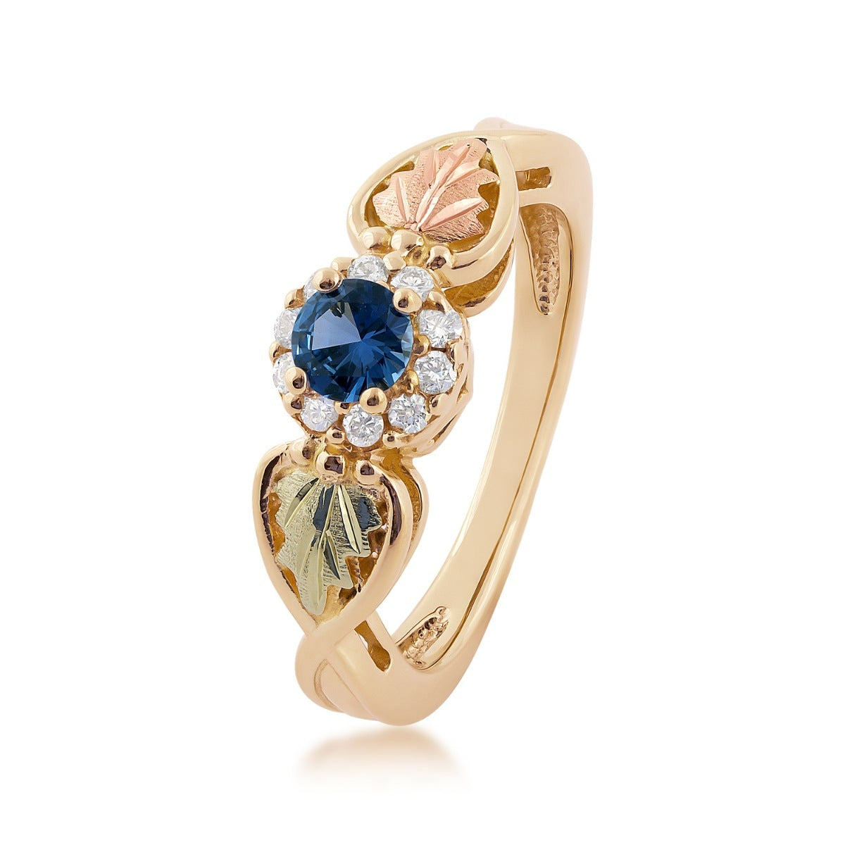 Black Hills Gold Round Yogo Sapphire & 1/6 ct. tw. Diamond Halo Ring in 10K Yellow Gold front view