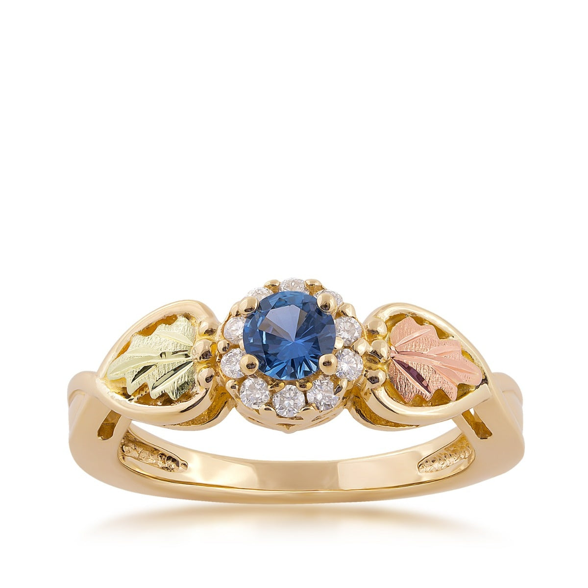 Black Hills Gold Round Yogo Sapphire & 1/6 ct. tw. Diamond Halo Ring in 10K Yellow Gold