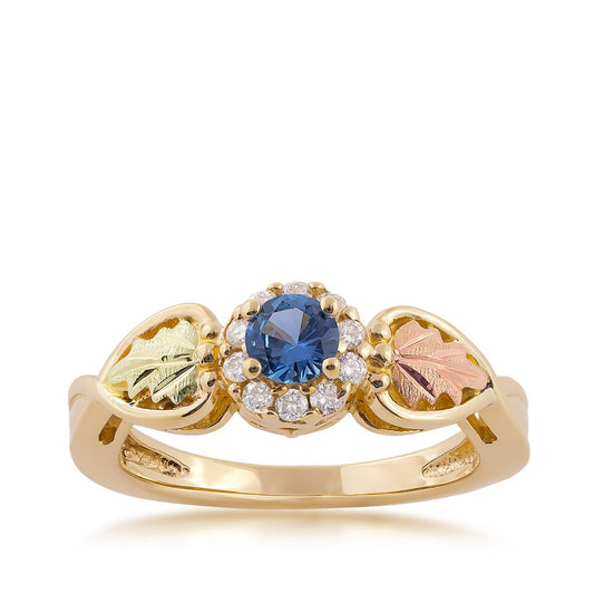 Black Hills Gold Round Yogo Sapphire & 1/6 ct. tw. Diamond Halo Ring in 10K Yellow Gold