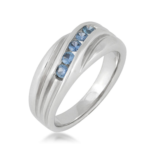 Yogo Sapphire Men's 5-Stone Diagonal Channel Set Ring in 14K White Gold front view