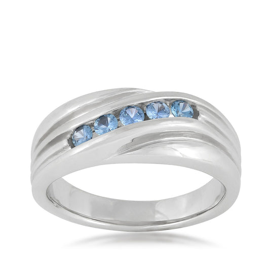 Yogo Sapphire Men's 5-Stone Diagonal Channel Set Ring in 14K White Gold