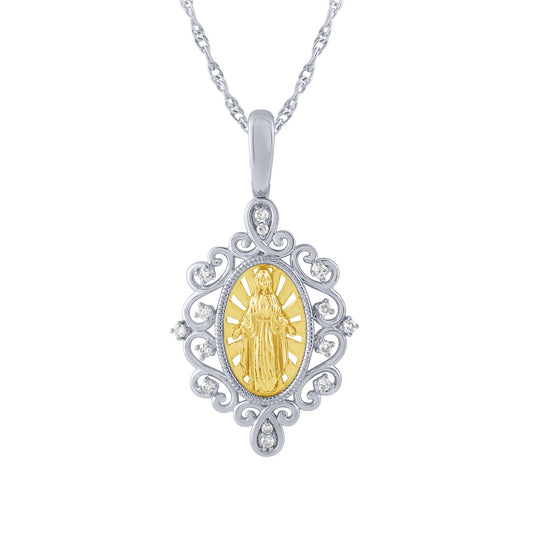 1/10 ct. tw. Diamond Milgrain Virgin Mary Pendant in 14K White & Yellow Gold
