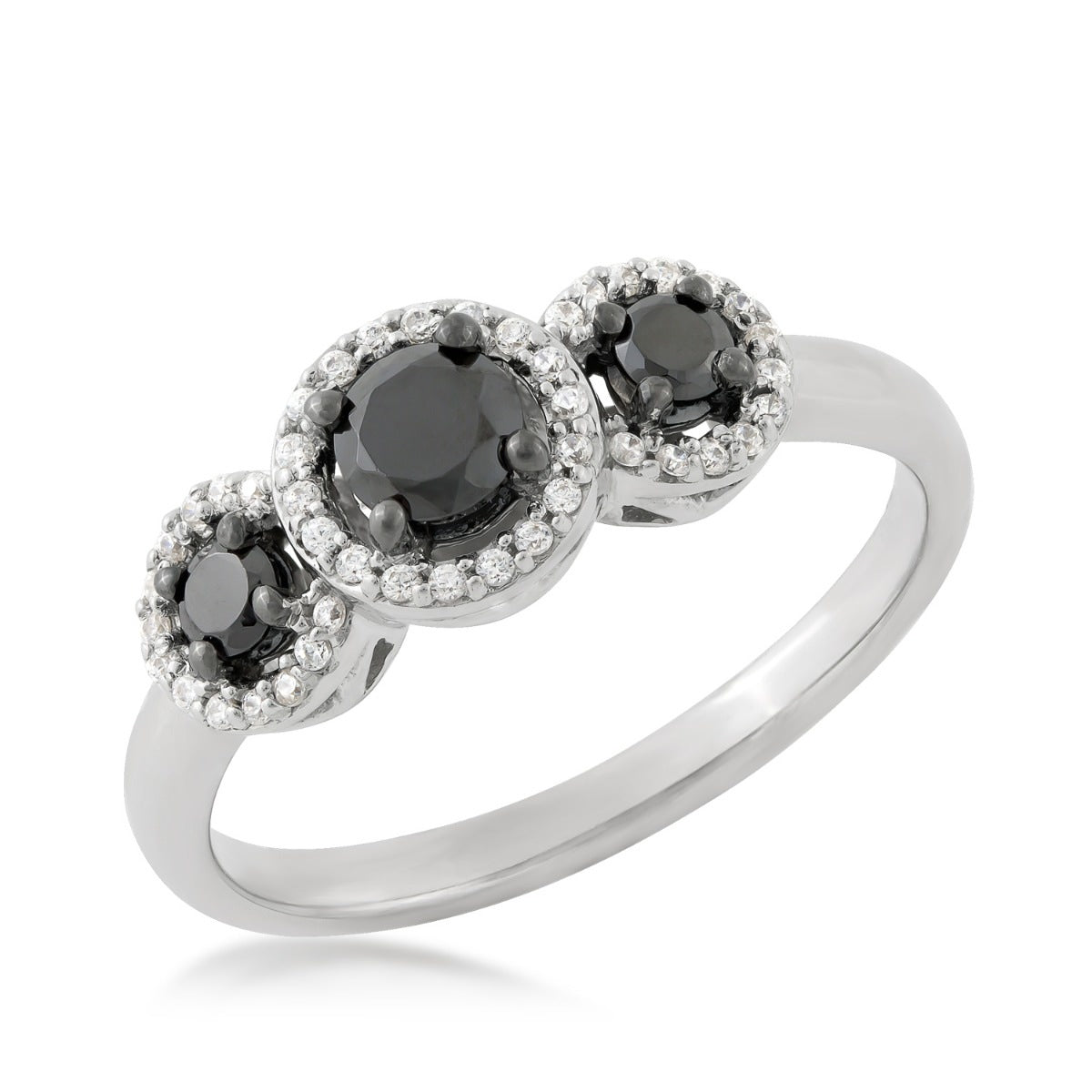1/2 ct. tw. 3-Stone Treated Black & White Diamond Halo Ring in 10K White Gold front view