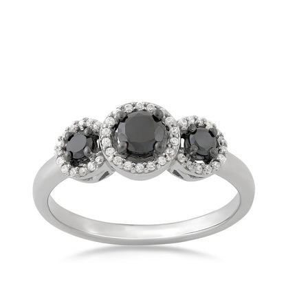 1/2 ct. tw. 3-Stone Treated Black & White Diamond Halo Ring in 10K White Gold