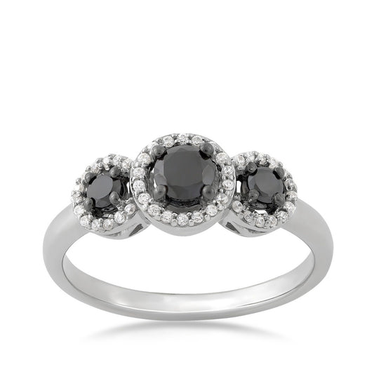 1/2 ct. tw. 3-Stone Treated Black & White Diamond Halo Ring in 10K White Gold