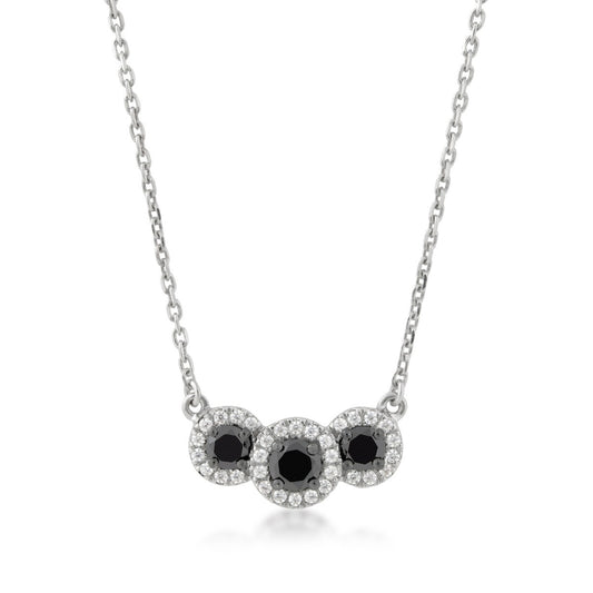 1/2 ct. tw. 3-Stone Treated Black & White Diamond Halo Necklace in 10K White Gold