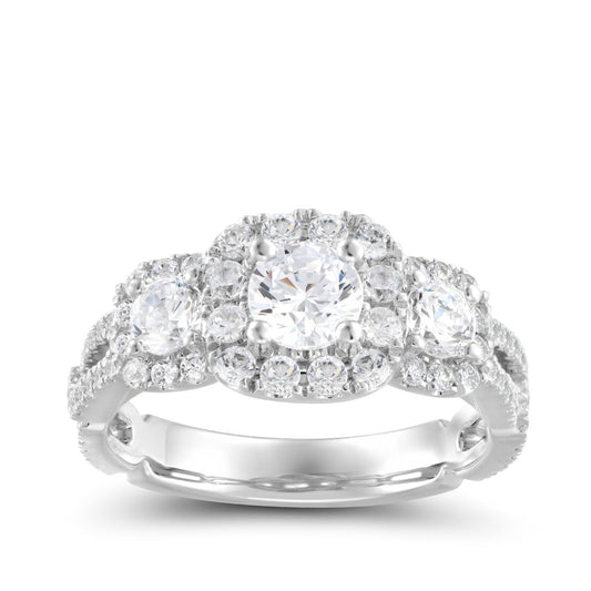 Natural 1-5/8 ct. tw. Round Brilliant 3-Stone Diamond Halo Engagement Ring in 14K White Gold