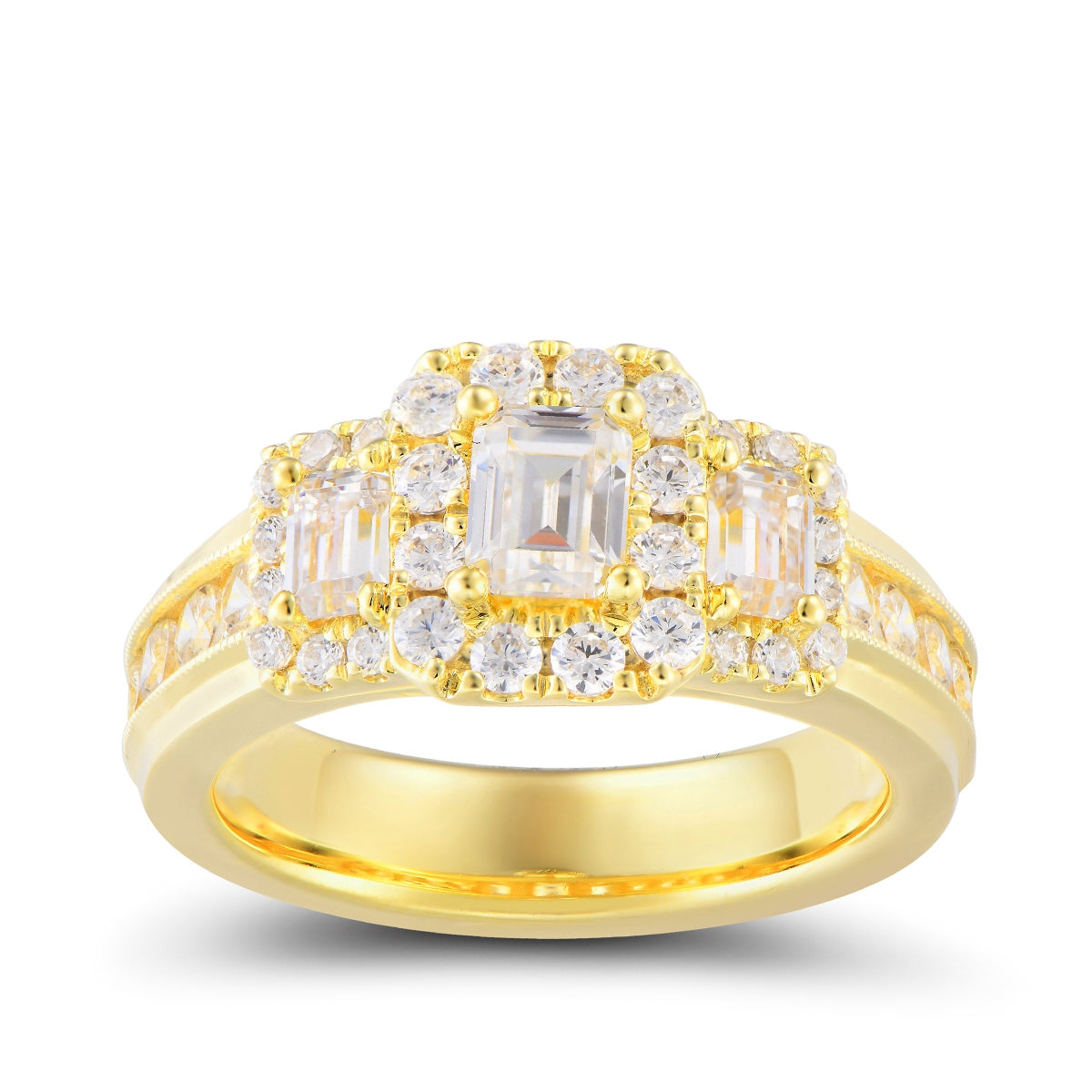 Natural 1-7/8 ct. tw. Emerald Cut 3-Stone Diamond Halo Engagement Ring in 14K Yellow Gold