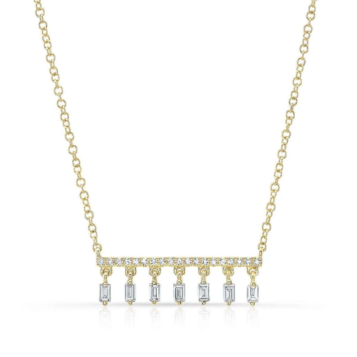 JustDesi 1/5 ct. tw. Baguette & Round Diamond Drop Bar Necklace in 14K Yellow Gold