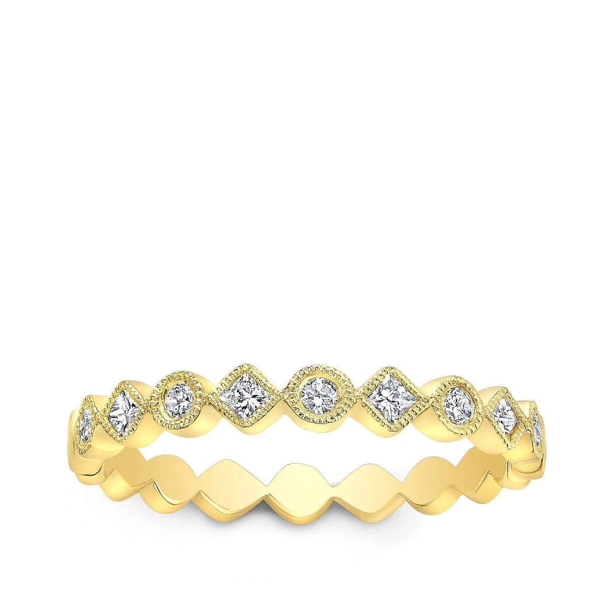 JustDesi 1/5 ct. tw. Princess Cut & Round Diamond Milgrain Stackable Ring in 14K Yellow Gold